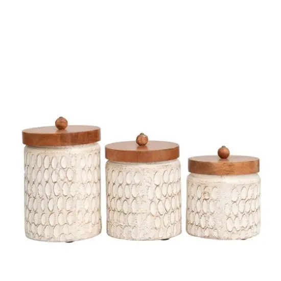 Cream Paper Mache Handmade Carved Spotted Geometric Canisters with Removable Lids Set {7}