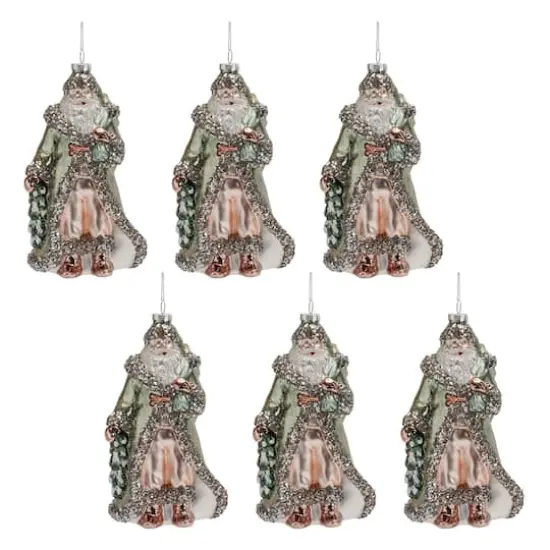 8" Glittered Green Glass Santa Ornaments, 6ct. {1}