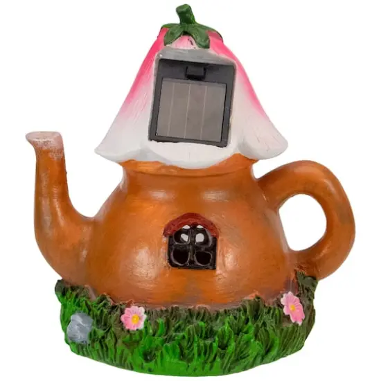 7" Solar Lighted Flower Tea Pot Outdoor Garden Statue {6}