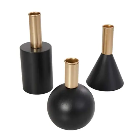 Black Wood Geometric Candle Holder Set {1}