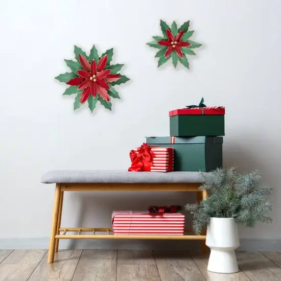 14" Small Green and Red Metal Poinsettia Christmas Wall Hanging {7}