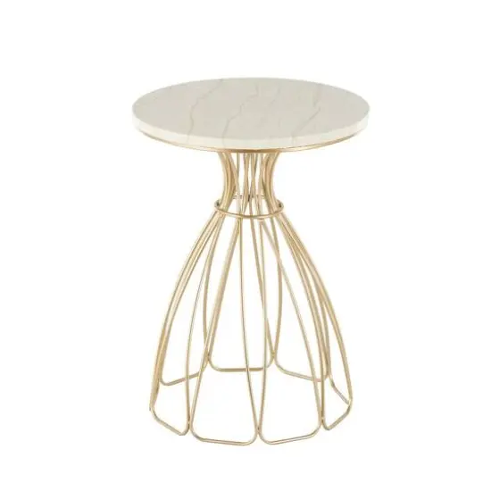 21.5" Gold Metal Flower Inspired Accent Table with Cream Marble Tabletop {10}