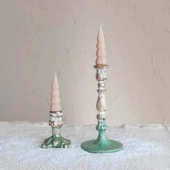 Hello Honey&reg; 9.25" Green, Gold and Cream Distressed Cast Metal Taper Candleholder {3}