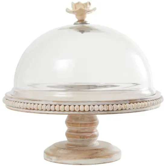 12.25" Cream Wood Cake Stand with Glass Dome Tabletop D&eacute;cor {7}