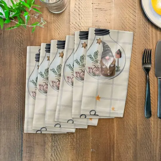 Cream & Gray Check Gnome Globe Pattern Cotton Twill Napkin {4}