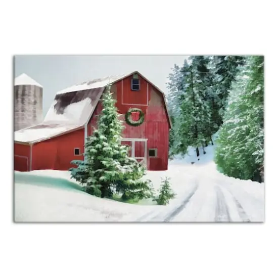 Painted, Snowy Red Barn 30x20 Canvas Wall Art {1}