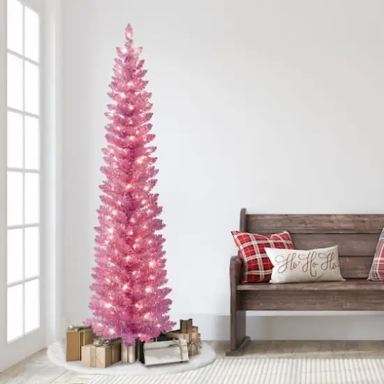 7ft. Pre-Lit Pink Tinsel Artificial Christmas Tree, Clear Lights {4}
