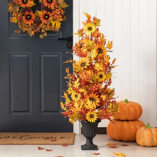 Glitzhome&reg; 48" Fall Lighted Maple Leaf & Sunflower Urn Porch Tree with Timer {3}