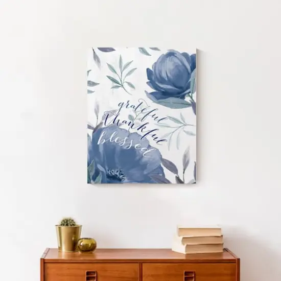 Blue Floral Grateful Thankful Blessed Canvas Wall Art {5}