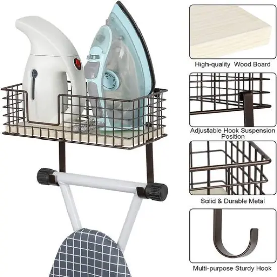 NEX&trade; Wall Mounted Ironing Board Hanger for T-Leg with Storage Basket Brown {5}
