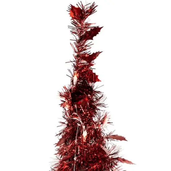 4ft. Pre-Lit Red Pop-Up Tinsel Artificial Christmas Tree, Clear Lights {5}