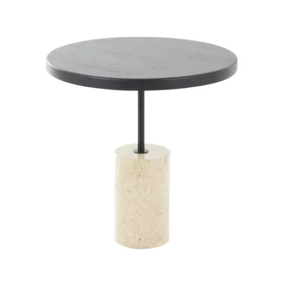 20.5" Black Wood Accent Table with Ivory Marble Base {7}
