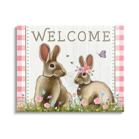 Stupell Industries Welcome Plaid Spring Garden Rabbits Canvas Wall Art {1}
