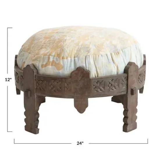 Hello Honey&reg; 24" Carved Reclaimed Wood Stool with Bleached Vintage Cotton Kantha Patchwork Cushion {5}