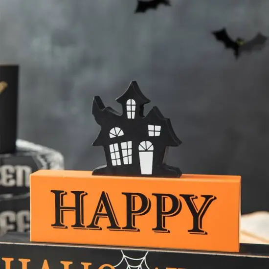 Glitzhome&reg; 9.5" Happy Halloween Haunted House Block Sign {6}