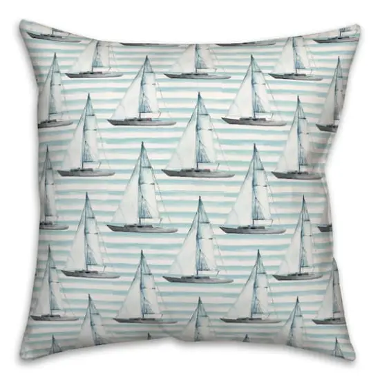 Blue Boats on Stripes Throw Pillow {1}