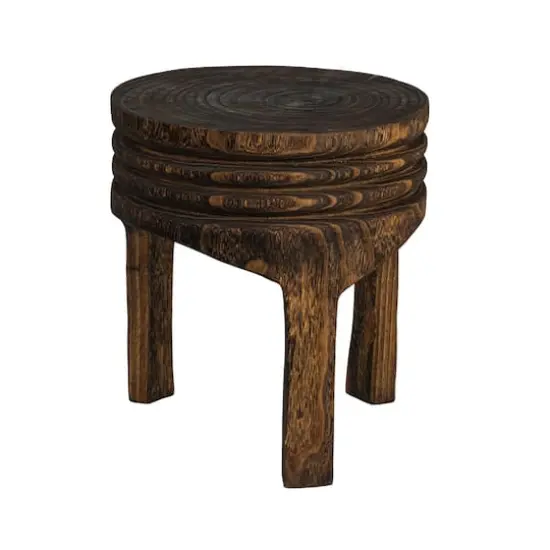 Hello Honey® 15.8" Round Paulownia Wood Carved Stool Charred Finish {1}