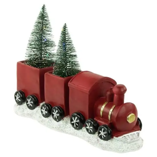 12'' Red and Gold Christmas Train with LED Lighted Frosted Trees Tabletop Decoration {6}