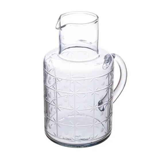 Hello Honey® 32oz. Clear Hand-Blown Etched Reclaimed Glass Pitcher with Tall Neck & Handle {1}