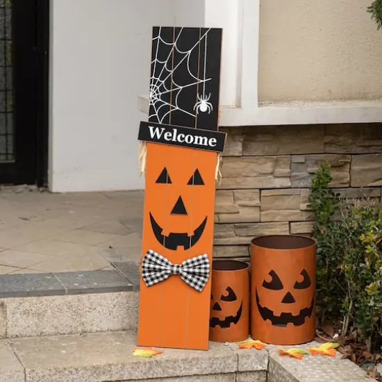 Glitzhome&reg; 36" Double Sided Wooden Scarecrow & Pumpkin Porch D&eacute;cor For Halloween & Fall {4}