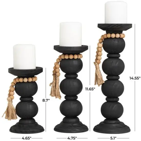 Black Wood Handmade Bubble Inspired Matte Candle Holder with Beaded Garland Set {6}