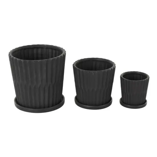 Black Double Ribbed Textured Ceramic Planter Set {7}