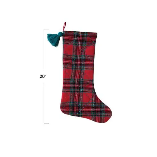 Hello Honey&reg; 20" Red & Green Plaid Brushed Cotton Flannel Quilted Stocking with Tassel {5}