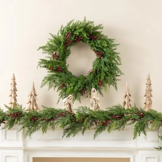 Glitzhome&reg; 24"D Christmas Greenery PE Cedar Wreath with Red Berries {3}