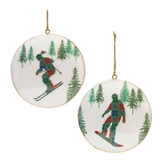6" Ski & Snowboard Forest Metal Disc Ornaments Set {7}