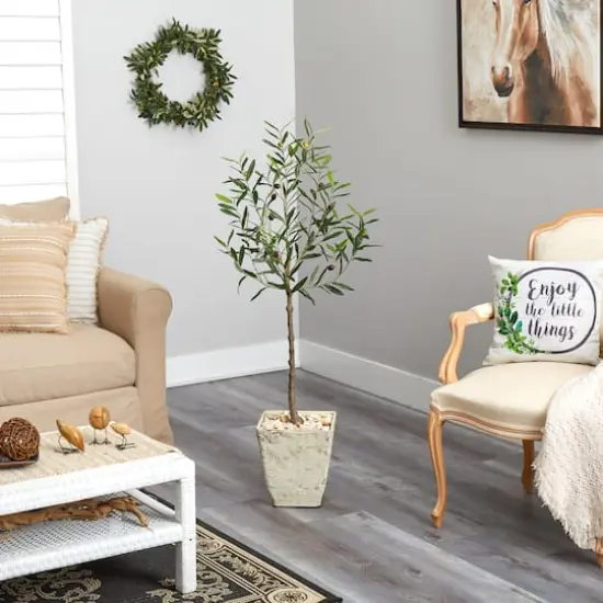 4.5ft. Olive Artificial Tree in Country White Planter {5}
