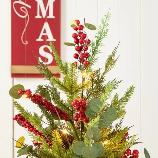 3ft. Pre-Lit Pine Needle & Eucalyptus Leaf Artificial Urn Christmas Porch Tree, Warm White LED Lights {6}