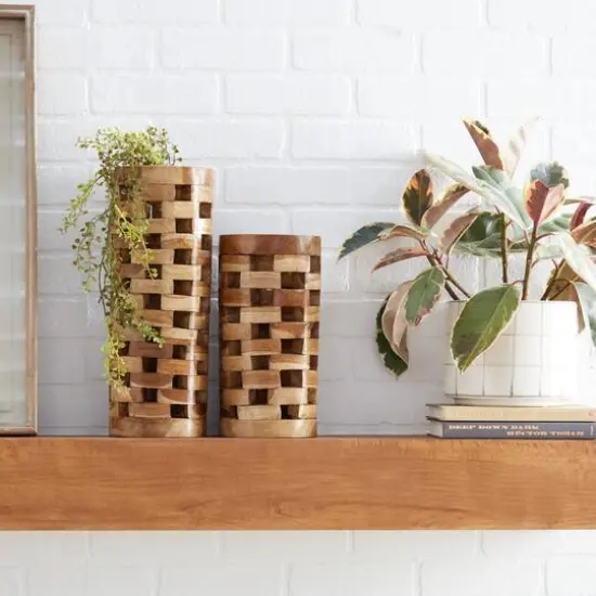 Brown Teak Wood Contemporary Style Vase, 16" x 6" x 6" {7}