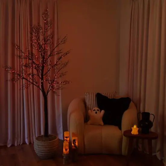 7ft. Pre-Lit Halloween Minimalist Twig Artificial Fall Tree with 400 Orange & Purple LED Lights {14}