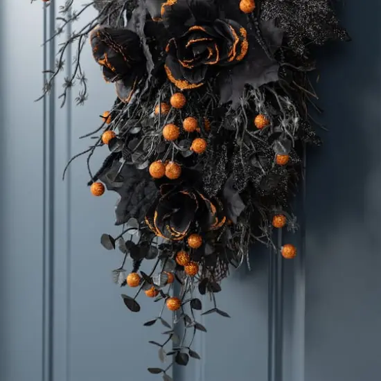 Glitzhome&reg; 28"H Halloween Black Rose and Berry Swag with Hanger {5}