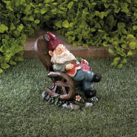 9" Solar Red Bird & Gnome Rocking Chair Statue {3}
