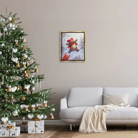 Stupell Industries Bear Cub Snow Angel Sled Framed Floater Canvas Wall Art Gold {3}