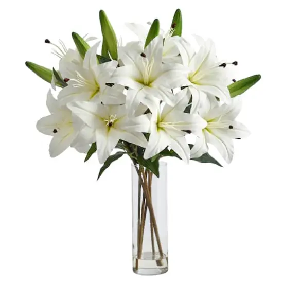 25" Artificial White Lily Arrangement with Cylinder Glass Vase {1}