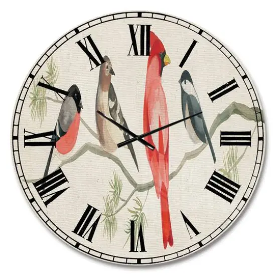 Designart 'Chickadee And Red Farmhouse Bird On Branch Farmhouse Wall Clock {1}
