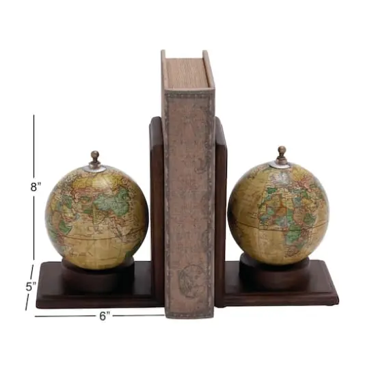 8" Rustic Brown Wood Globe Bookends {9}