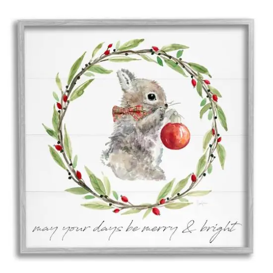Stupell Industries Merry & Bright Bunny Wreath Framed Giclee Art Gray {1}