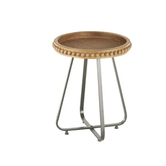 20.5" Brown Wood Beaded Accent Table with Rounded Gray Metal Base & Rattan Accent {4}