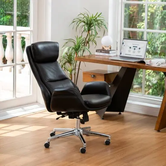 Glitzhome&reg; Mid-Century Modern Faux Leather Adjustable High Back Swivel Office Chair Black {5}