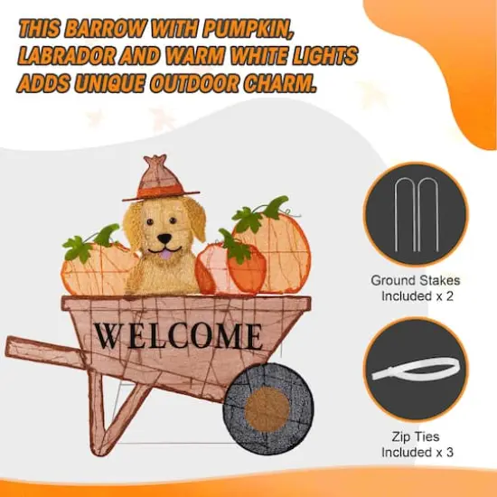 Glitzhome&reg; 36.25" Lighted Fall Pumpkin Wheel Barrow Outdoor Decor with Warm White LED Lights {8}