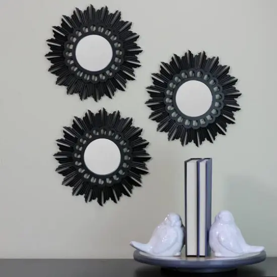9.5" Floral Sunburst Matte Black Round Mirror Set {5}