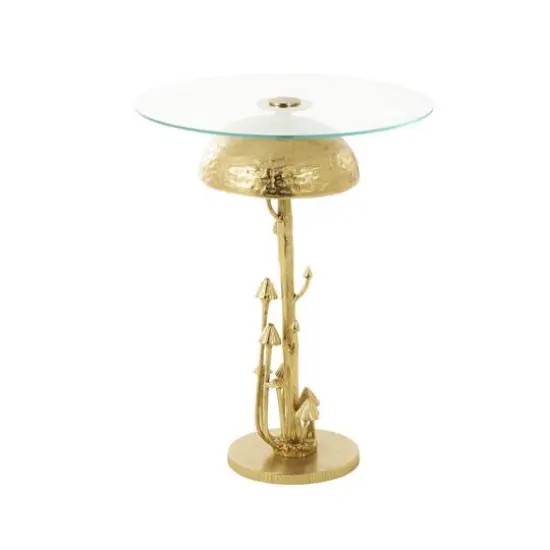 23" Gold Aluminum Metal Mushroom Table with Glass Tabletop {4}
