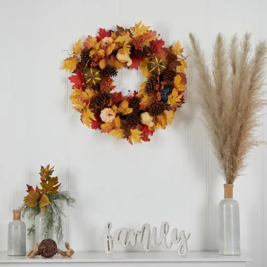 26" Fall Pumpkin, Gourd, Pinecone & Maple Leaf Wreath {4}