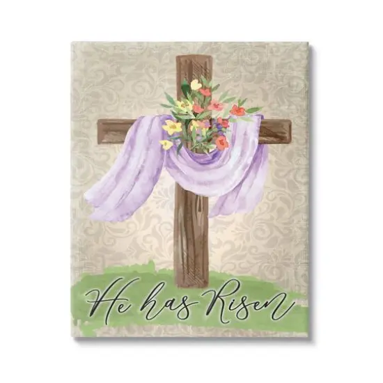 Stupell Industries He Has Risen Spring Floral Cross Brown Damask Pattern Canvas Wall Art {1}