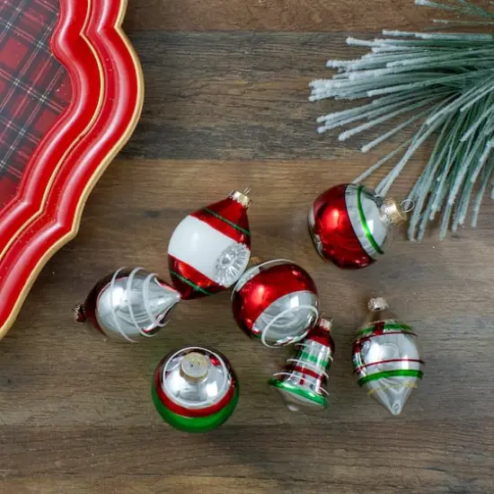 9ct. Silver, Green & Red Striped 2-Finish Glass Christmas Ornaments {3}