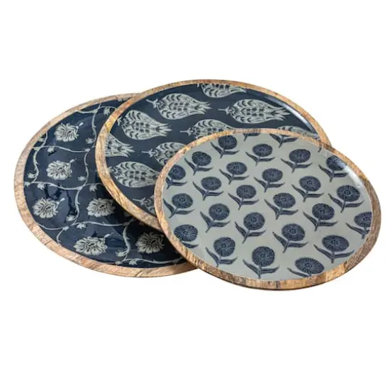 Hello Honey&reg; Blue Floral Enameled Round Mango Wood Tray Set {4}