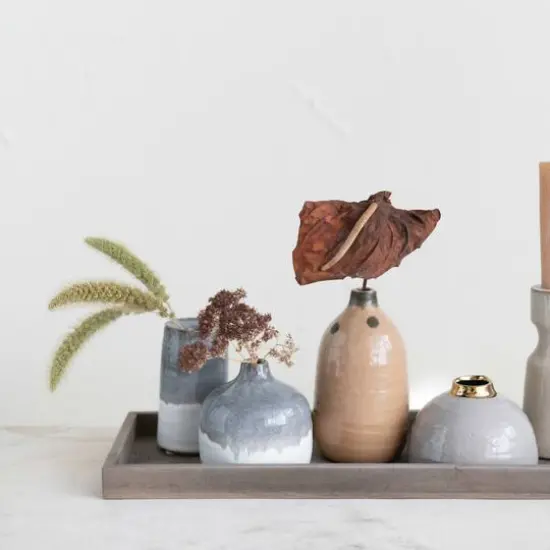 Hello Honey&reg; Multicolor Reactive Glaze Mango Wood Tray With Taper Holder & 4 Vases Set {8}